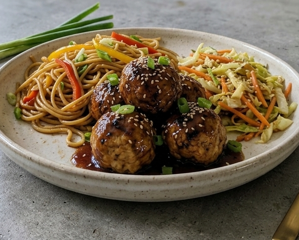 Mongolian Meatballs with Lo Mein & Sauteed Sesame Veggies