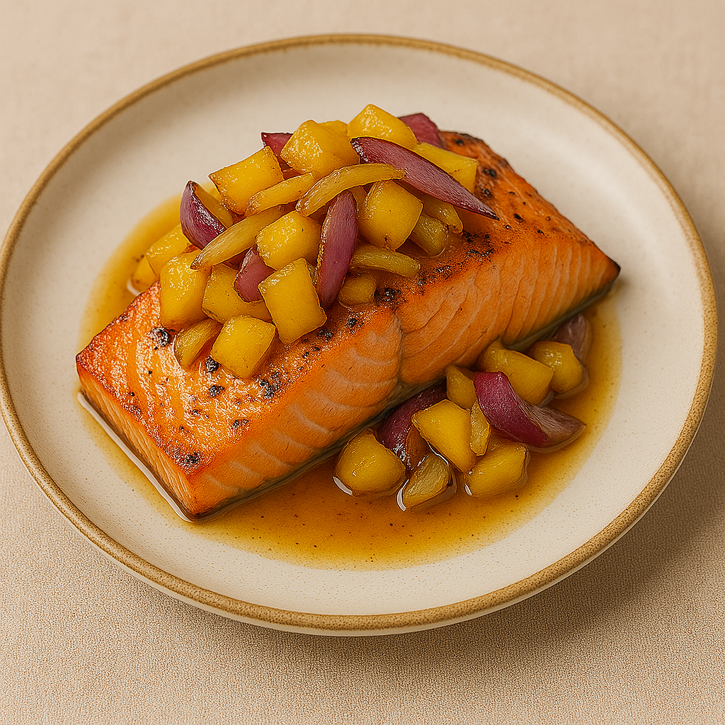 (Lubavitch) Pesach Salt-Rubbed Salmon with Roasted Mango Relish