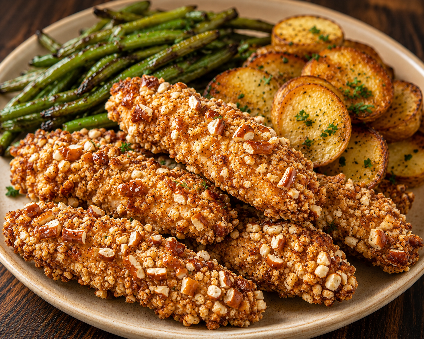 🌼⛰️Hot Honey Pretzel Chicken with Crispy Potato Coins & Green Beans✨🌷
