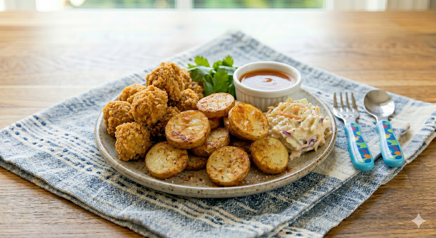 New! Chicken Poppers with Potato Coins and Slaw