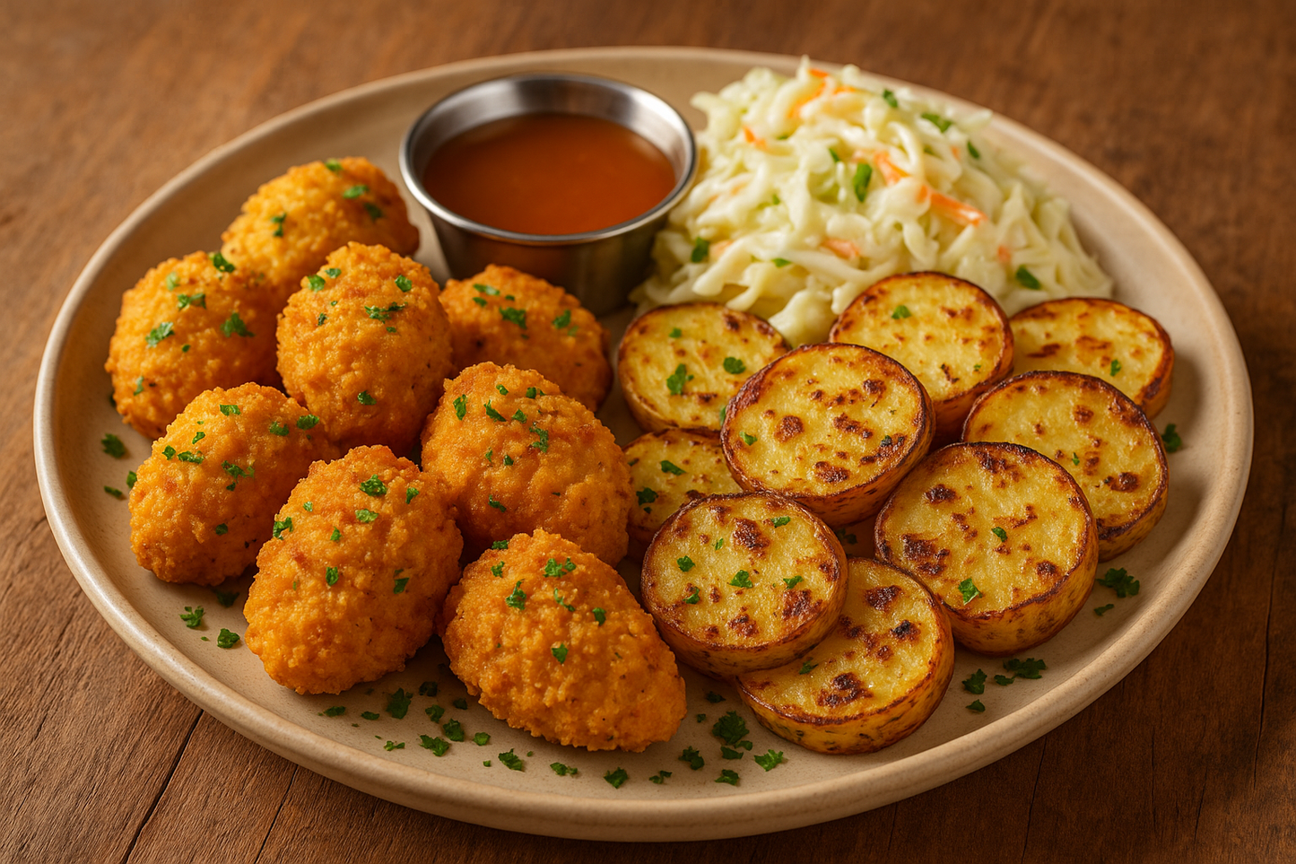 New! Chicken Poppers with Potato Coins and Slaw
