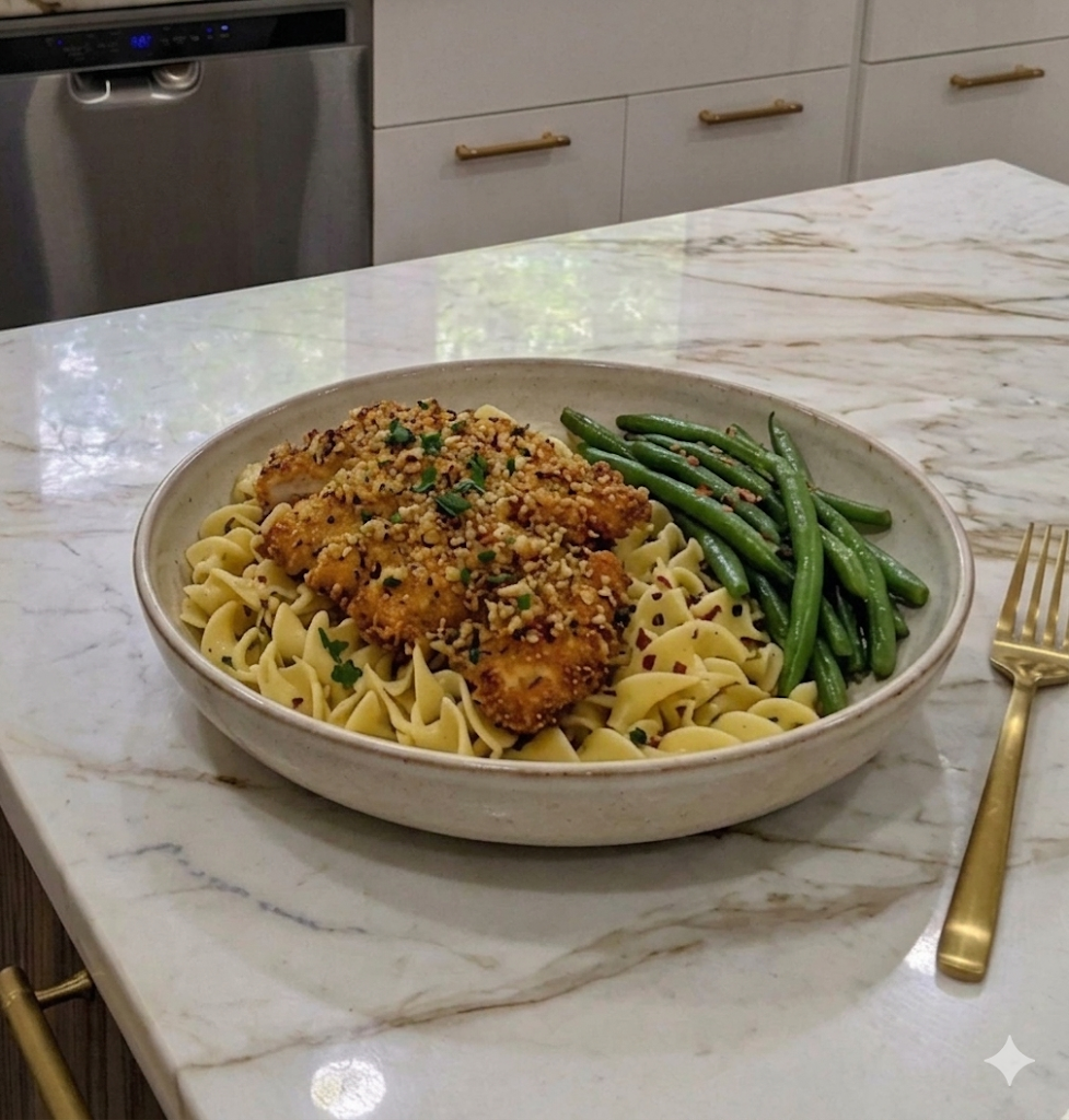 New! 🧄 Garlic Bread Chicken Cutlets with Egg Noodles and Green Beans 🧄
