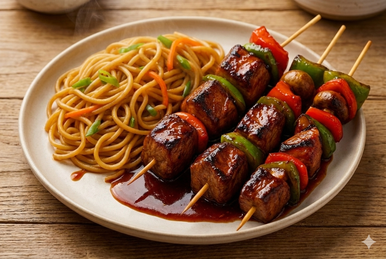 New! Melt-in-Your-Mouth Korean Beef Skewers with Lo Mein