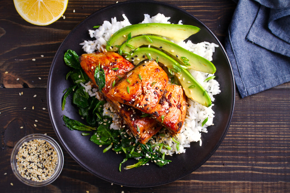 Honey Glazed Salmon & Avocado Rice Bowl