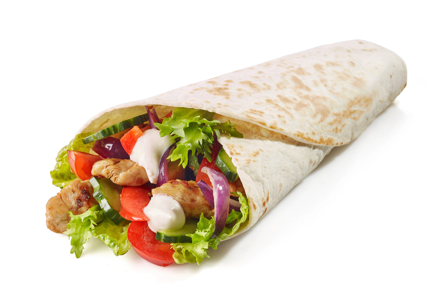 Tortilla,Wrap,With,Fried,Chicken,Meat,And,Vegetables,Isolated,On