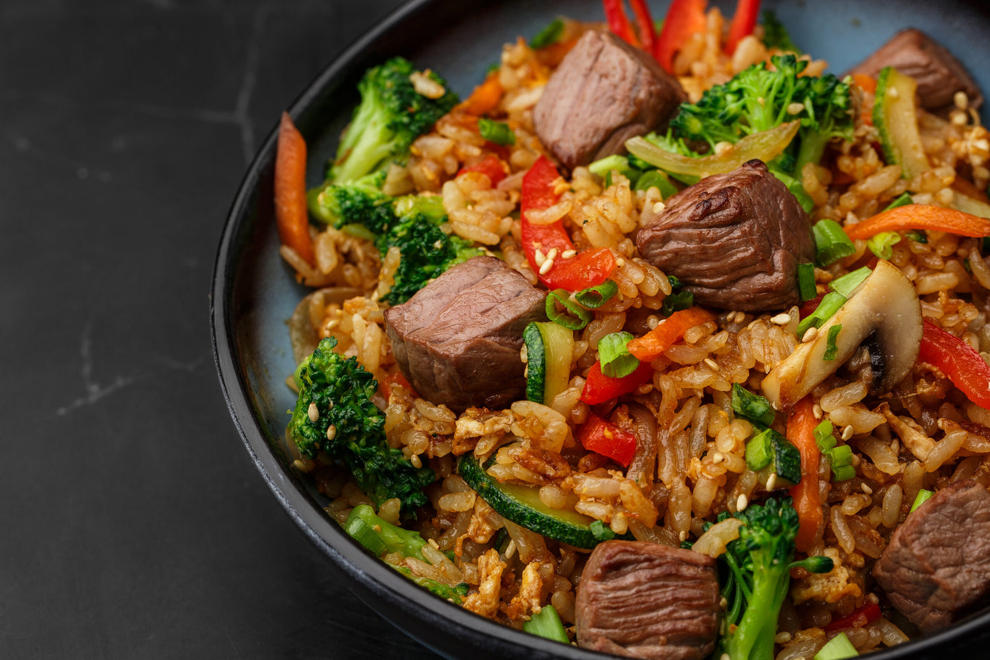 Asian,Rice,With,Teriyaki,Beef,And,Vegetables:,Zucchini,,Broccoli,,Pepper,