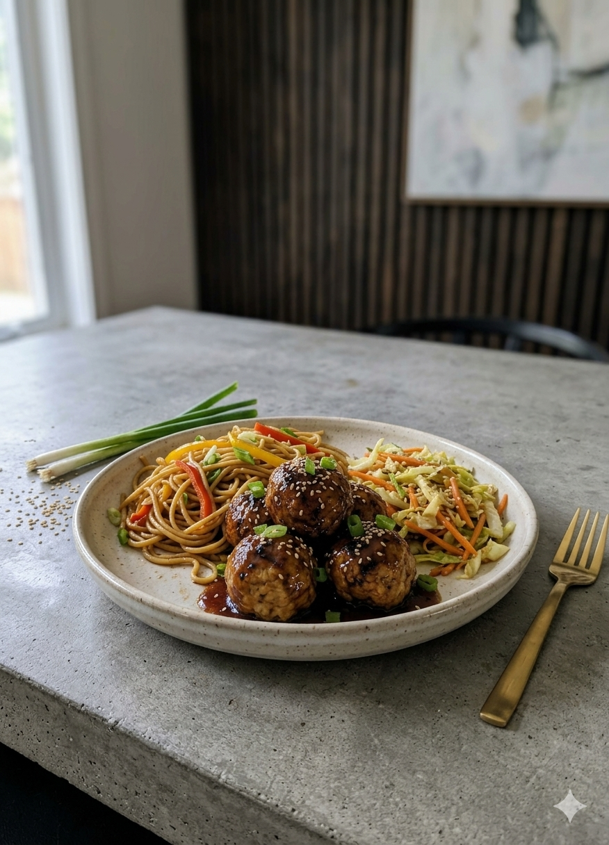 Mongolian Meatballs with Lo Mein & Sauteed Sesame Veggies
