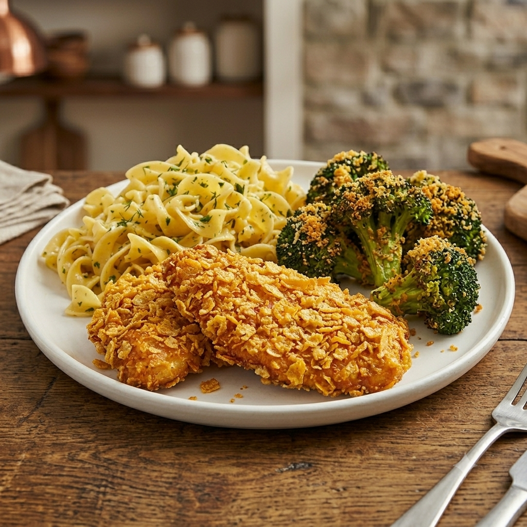 New! Crispy Cornflake Chicken Cutlets Breaded Roasted Broccoli and Noodles
