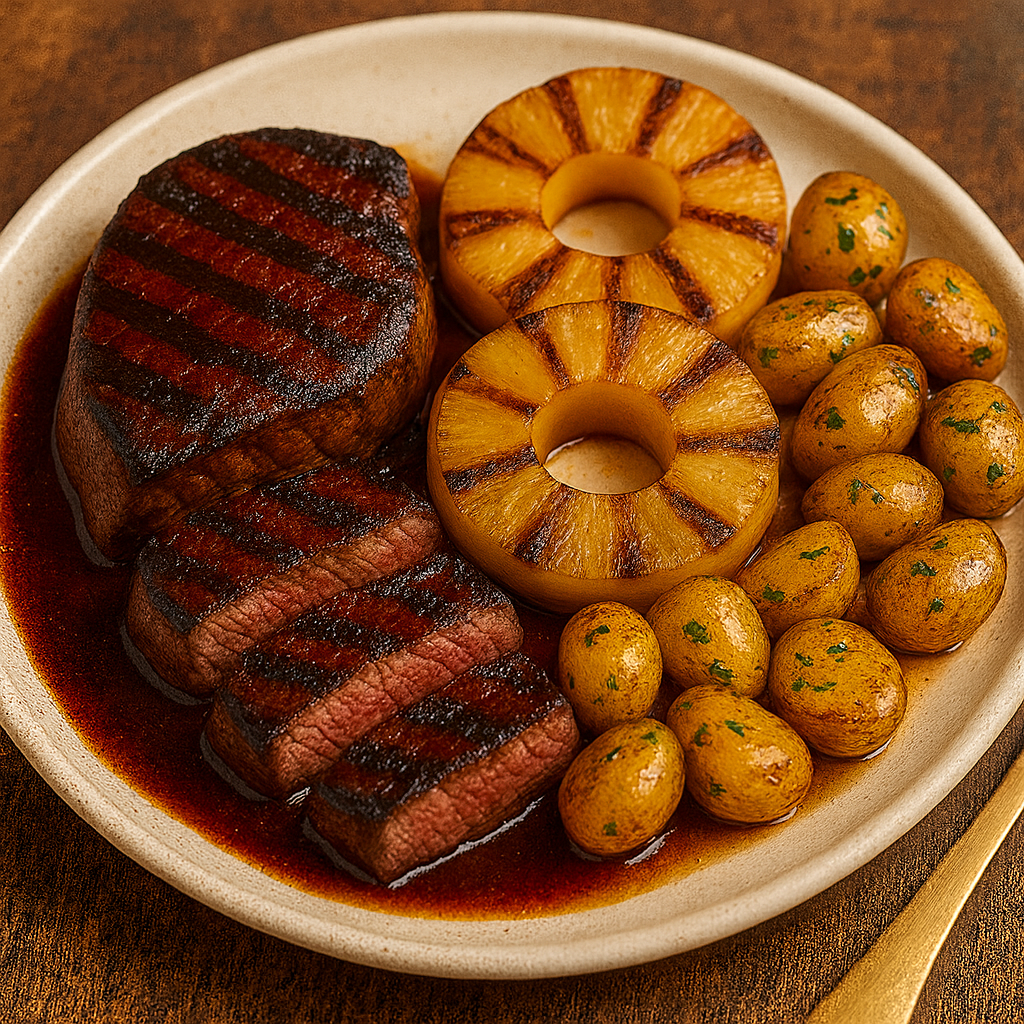 New! Smoky BBQ Steak with Caramelized Pineapple & Herb Roasted Potatoes 1