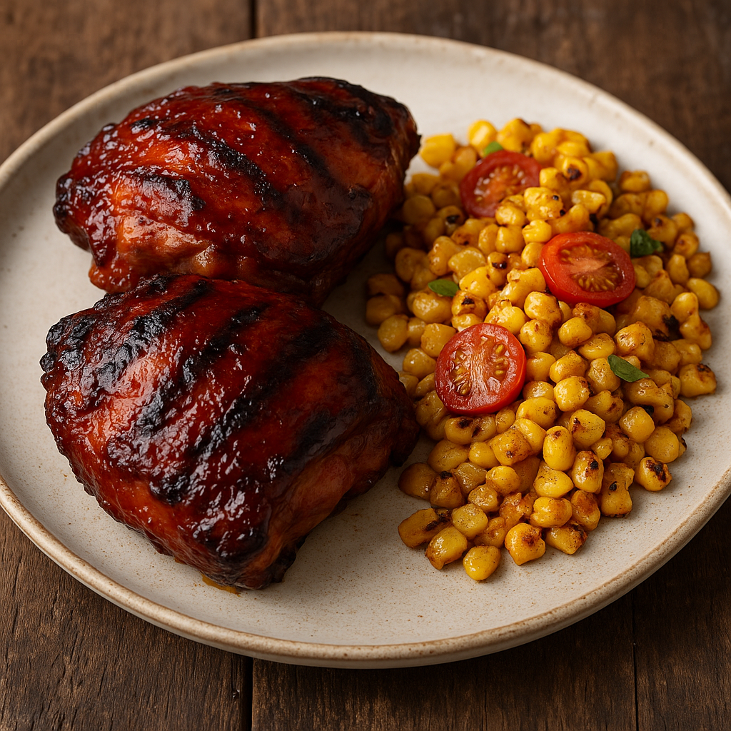 NEW! Pomegranate BBQ Chicken Thighs with Summer Corn & Tomato Sauté