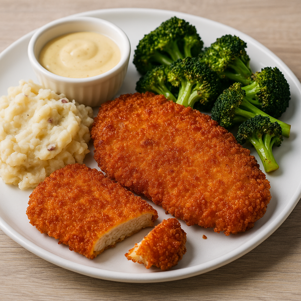 Kid Friendly Schnitzel with Mashed Potatoes and Roasted Broccoli