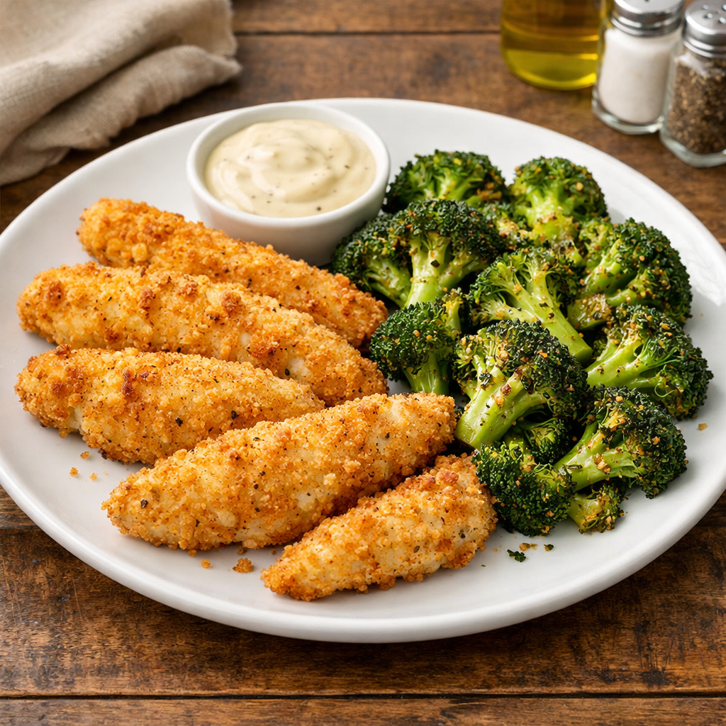 Kid Friendly Chicken Fingers with Roasted Broccoli