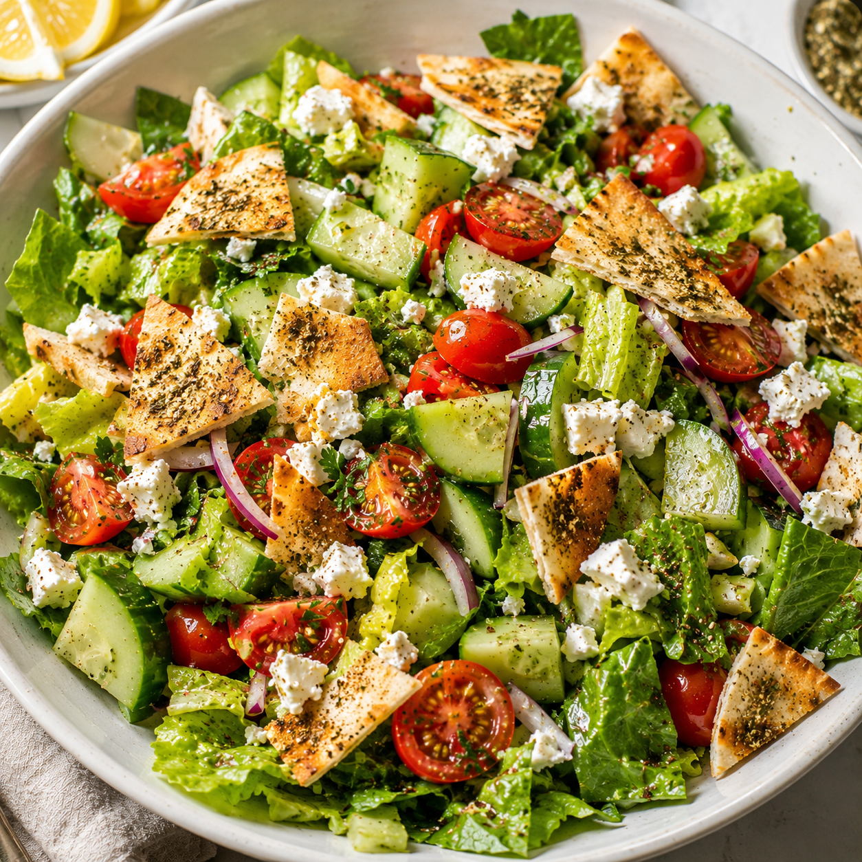 🌼⛰️Mediterranean Fattoush Salad with Feta & Homemade Za’atar Pita Chips ✨🌷