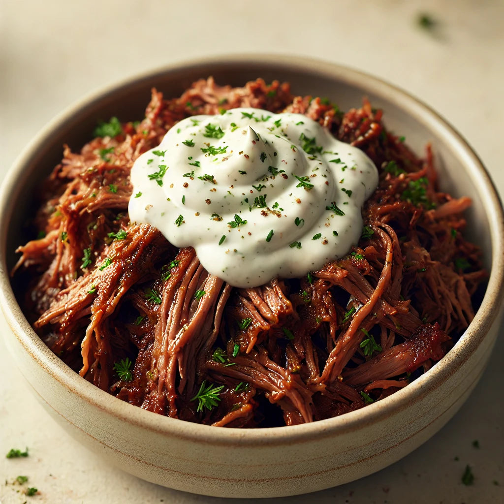 Pulled Brisket with Horseradish Mayo Latke Topping