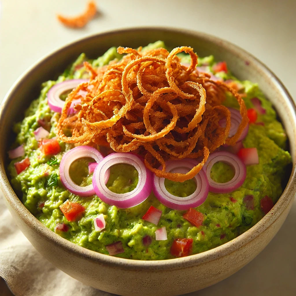 Guacamole with Crispy Fried Onions Latke Topping