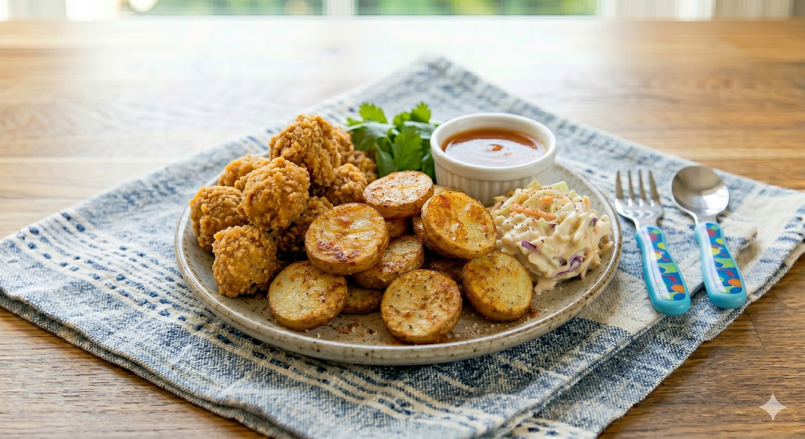 New! Chicken Poppers with Potato Coins and Slaw