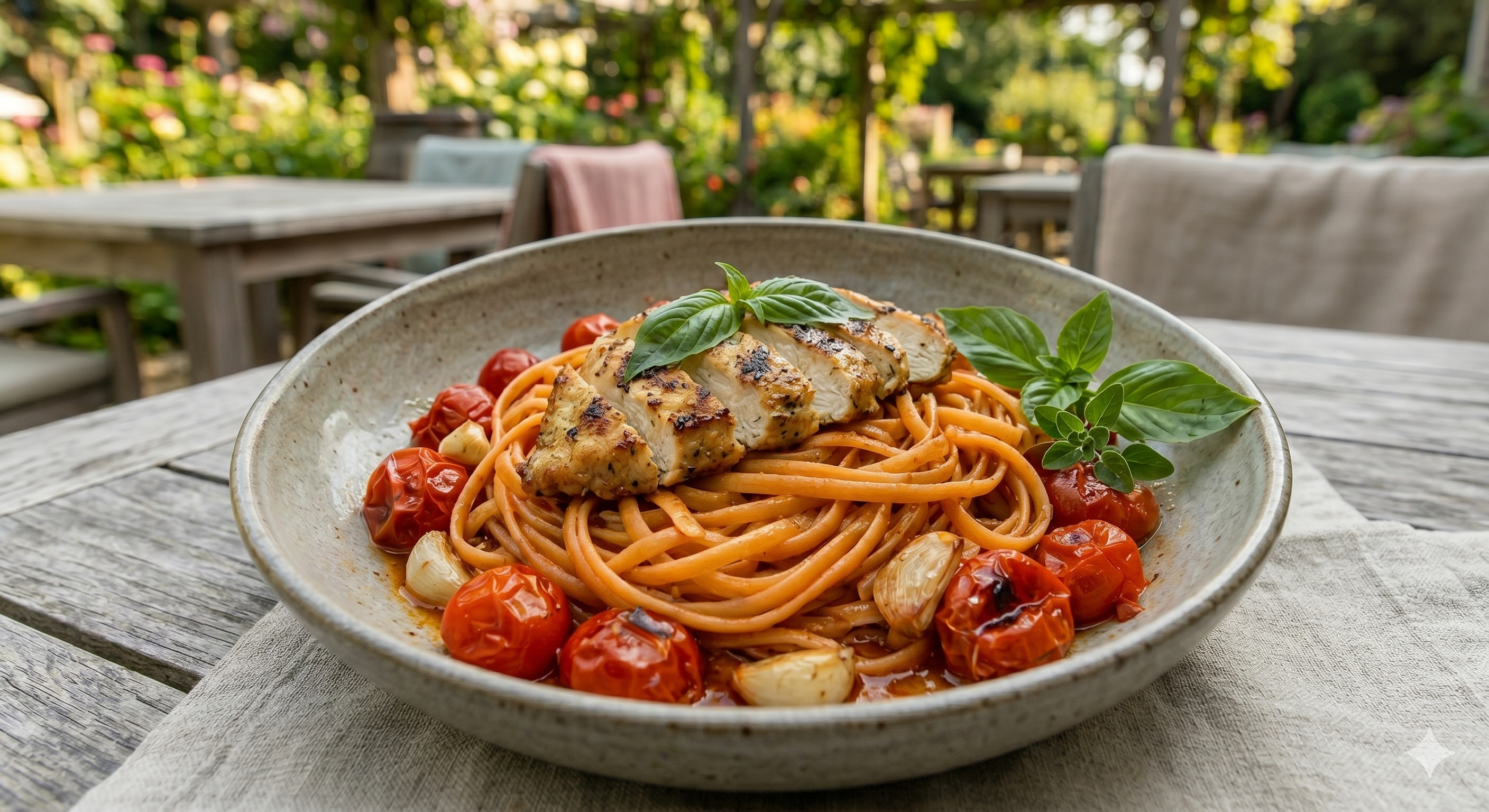 New!🔥Tuscan Grilled Chicken with Burst Tomatoes & Garlic Herb Linguine