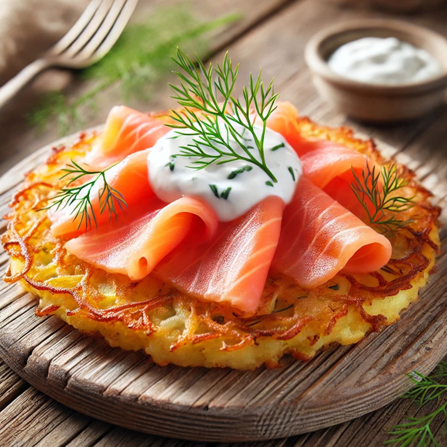 Smoked Salmon with Parve Dill Cream Latke Topping