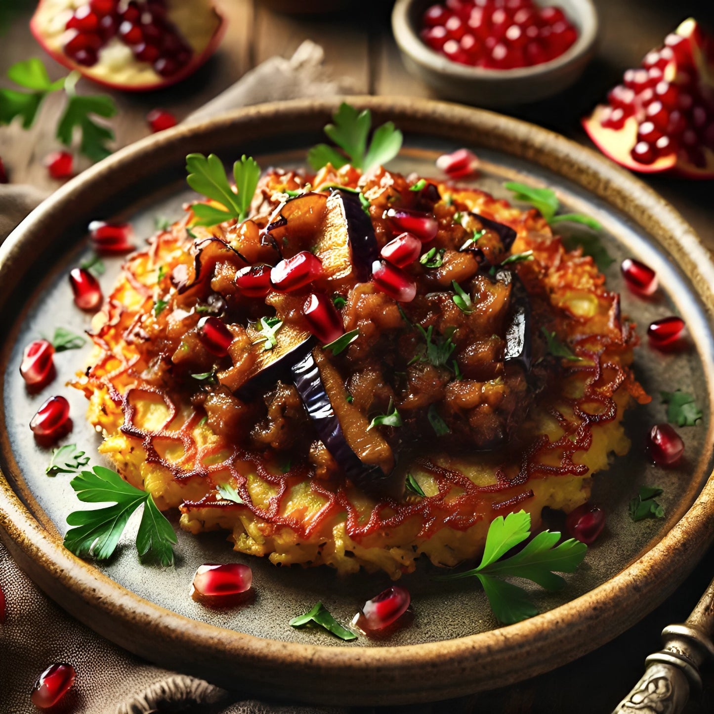 Mediterranean Eggplant and Pomegranate Latke Topping