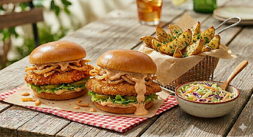 New! 🍔 Crispy Onion Chicken Sandwiches with Seasoned Potato Wedges & Deli Slaw 🍔