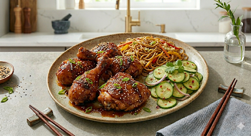 New! 🥢 Sticky Ginger Chicken Bottoms with Lo Mein and Asian Cucumber Salad 🥢