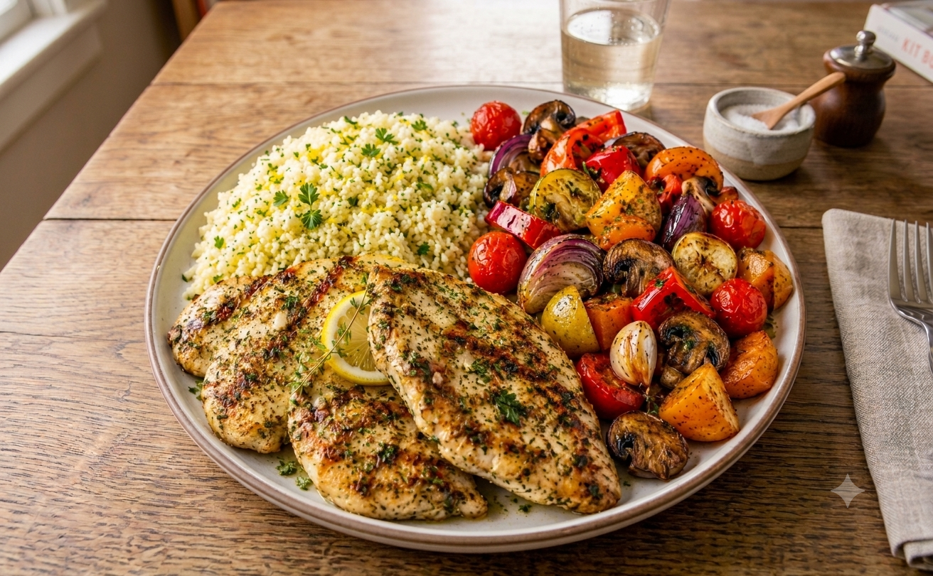 New! Garlic Herb Chicken Cutlets with Lemon Rice Pilaf & Backyard Roasting Basket