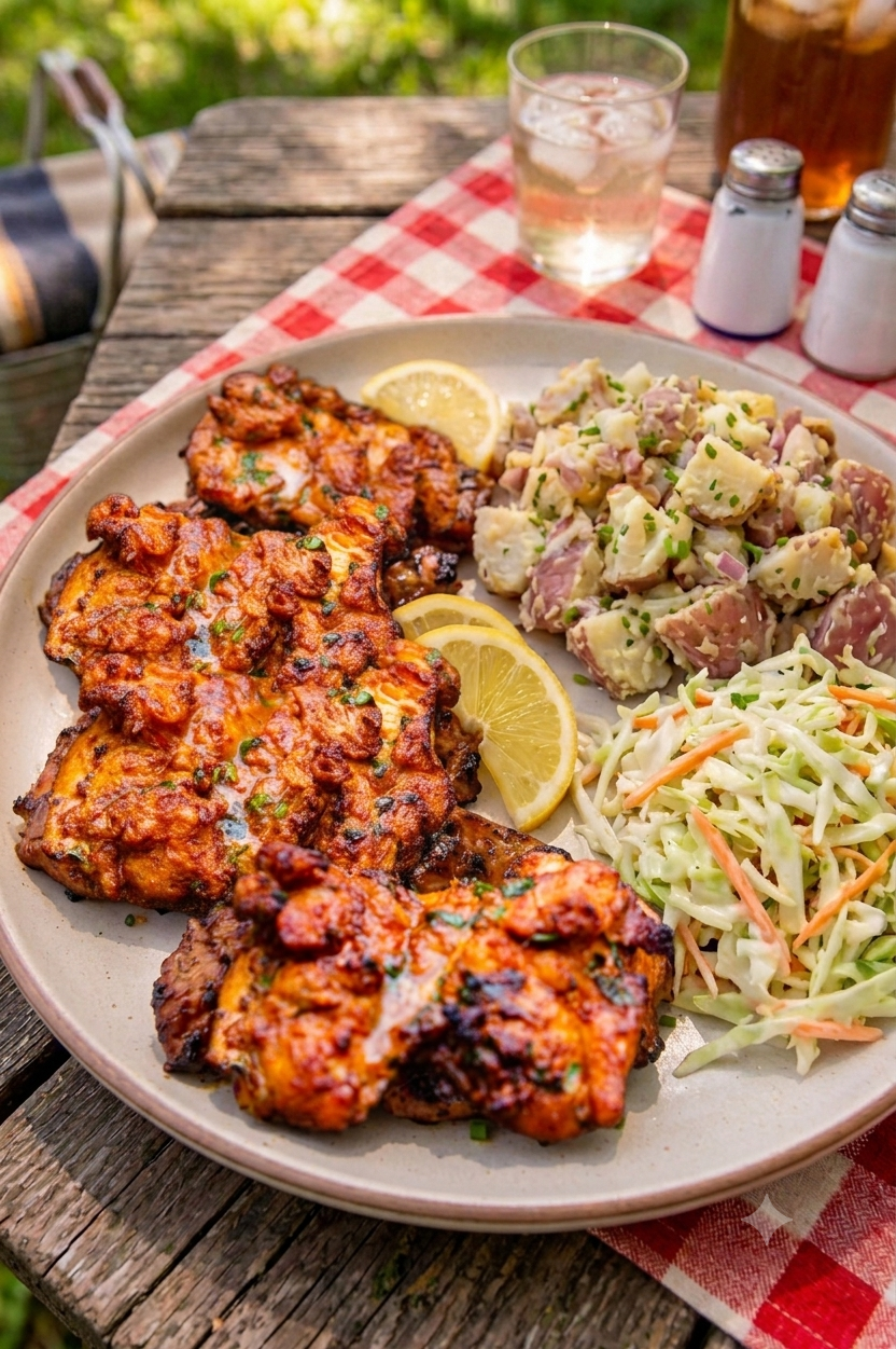 New! Peach BBQ Chicken with Steakhouse Potato Salad & Picnic Slaw