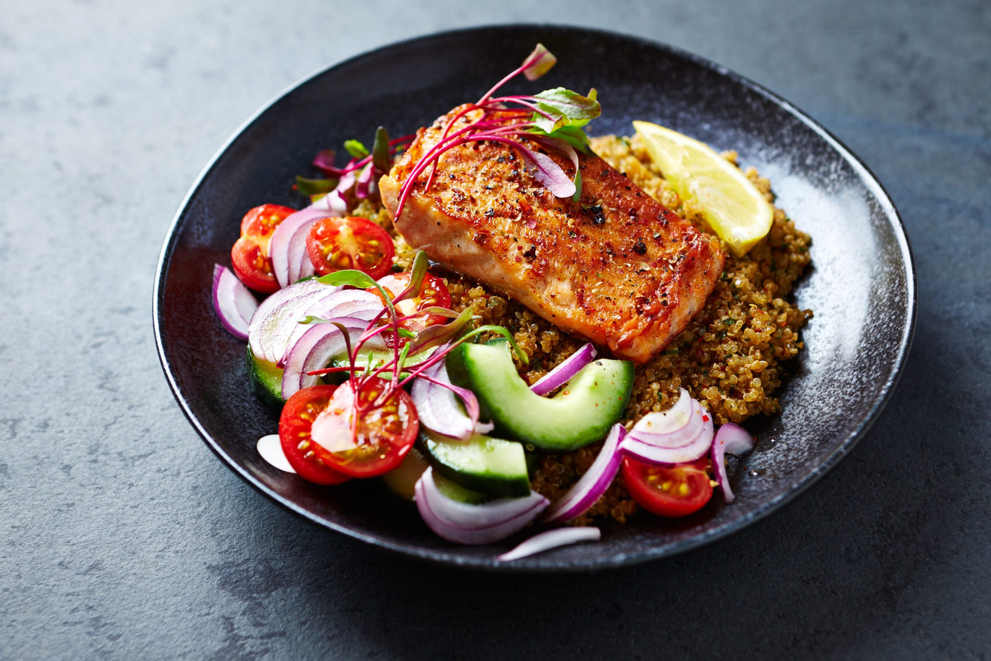 Roasted,Salmon,Fillet,With,Quinoa,And,Salad.,Healthy,Homemade,Food