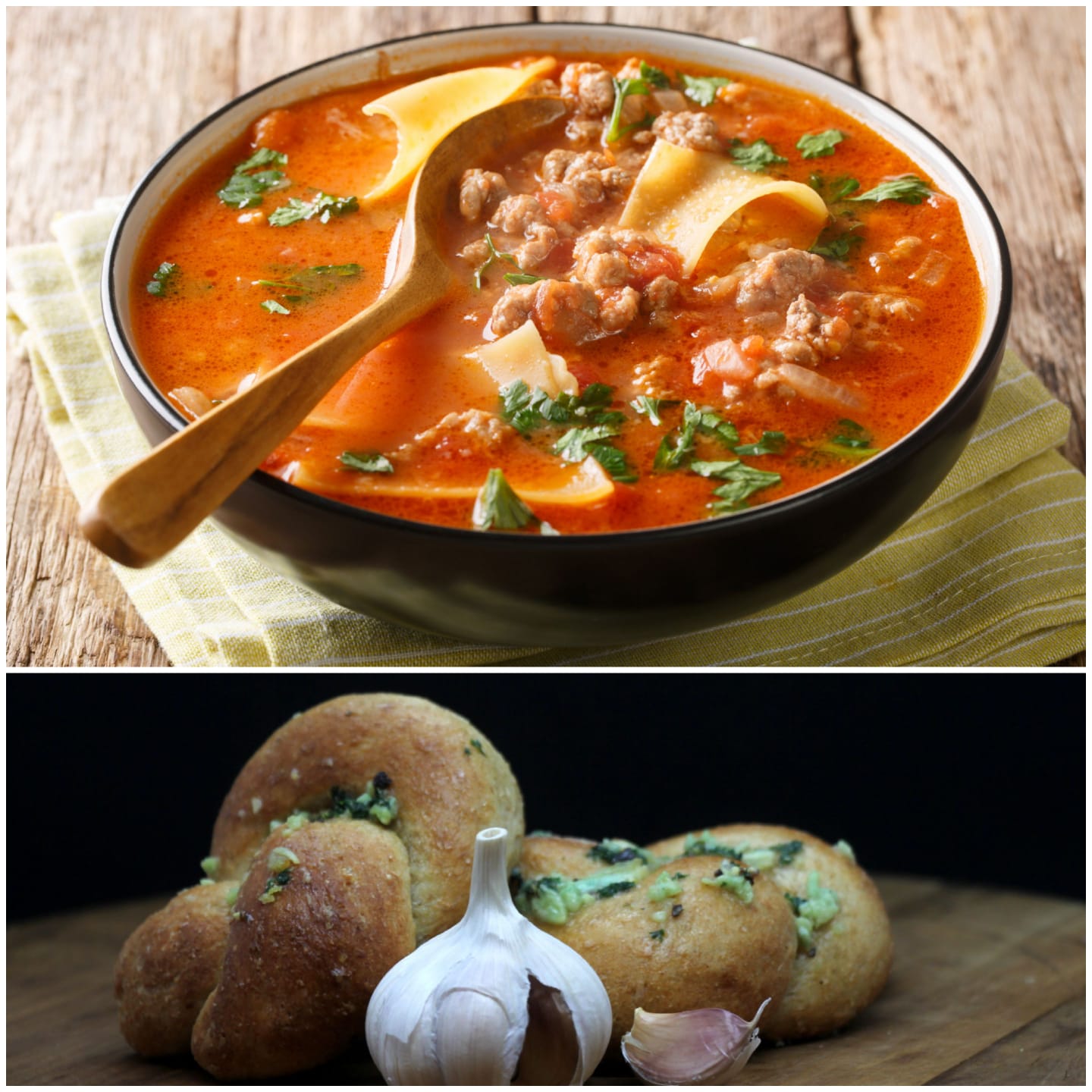 Beef Lasagna Soup with Fresh Baked Garlic Knots 1